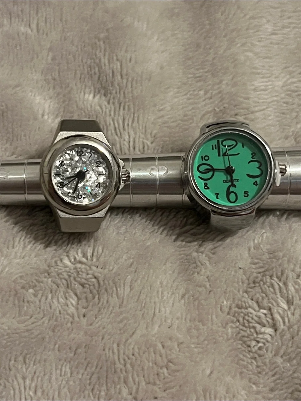 Lot of 2 Silver Stretchy Watch Rings - Silver Face and Green Face